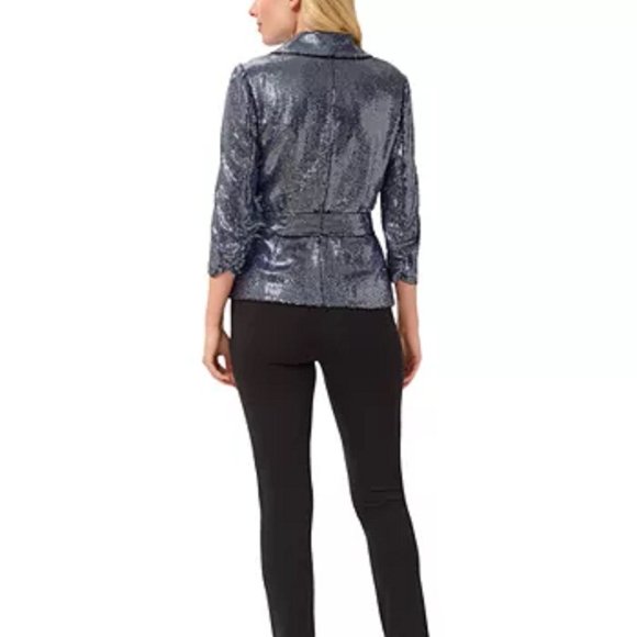 Adrianna Papell Women's Indigo Blue Metallic Wrap Top Size 4 Tie 3/4 Sleeve $139 - Picture 10 of 10